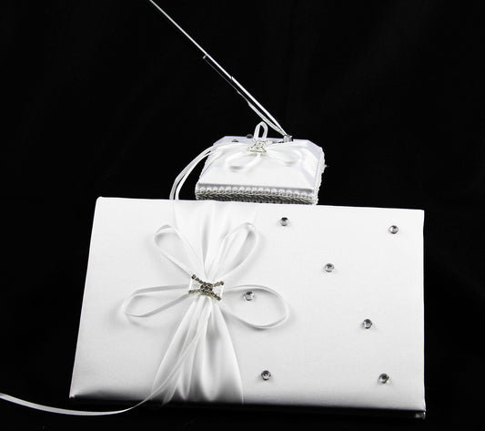 White Wedding Guest Book Register with Silver Pen Matching Stand Set 36 Lined Pages - White Ribbon and V382-WHDIASACHGBPEN