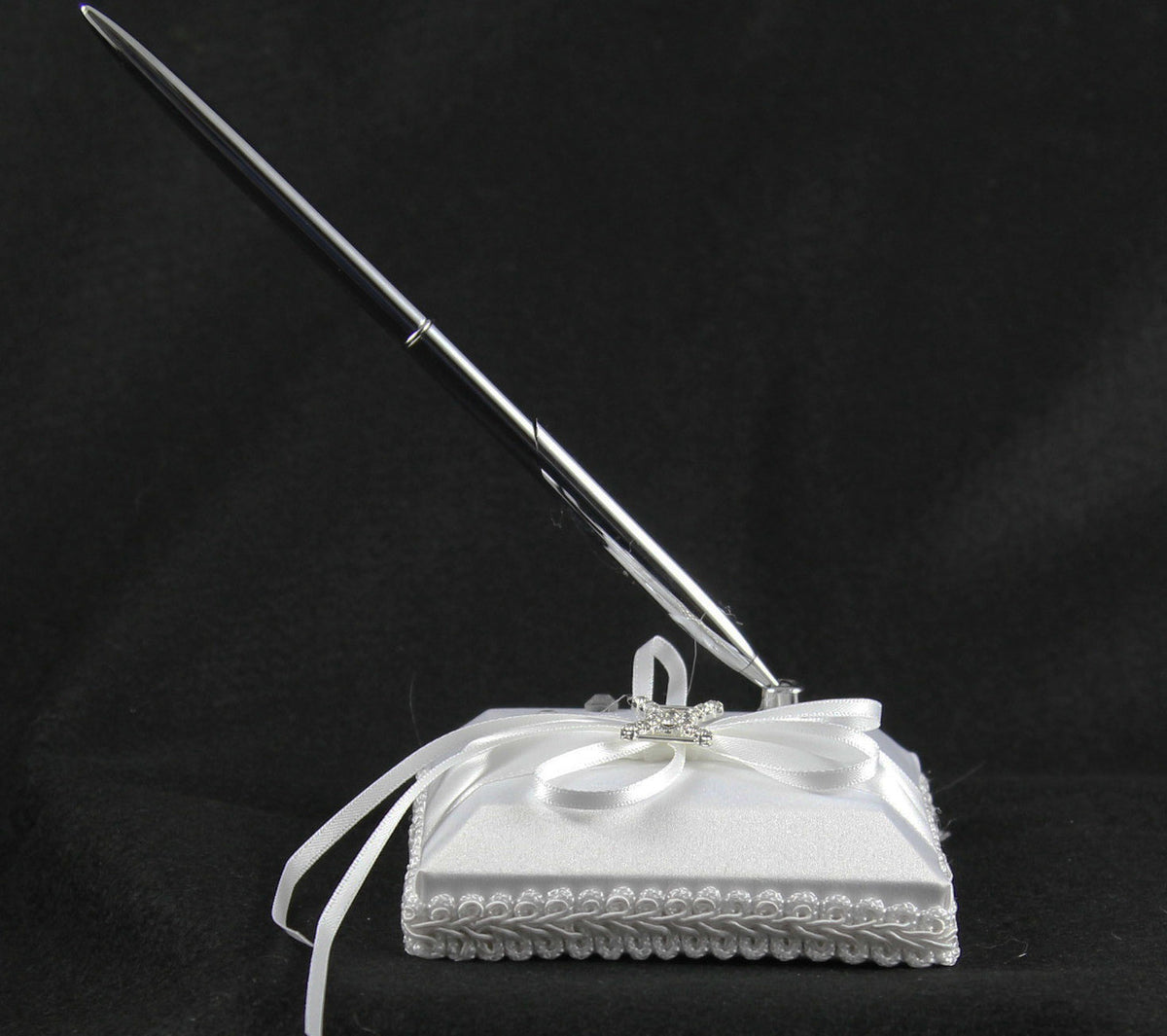 White Wedding Guest Book Register with Silver Pen Matching Stand Set 36 Lined Pages - White Ribbon and V382-WHDIASACHGBPEN