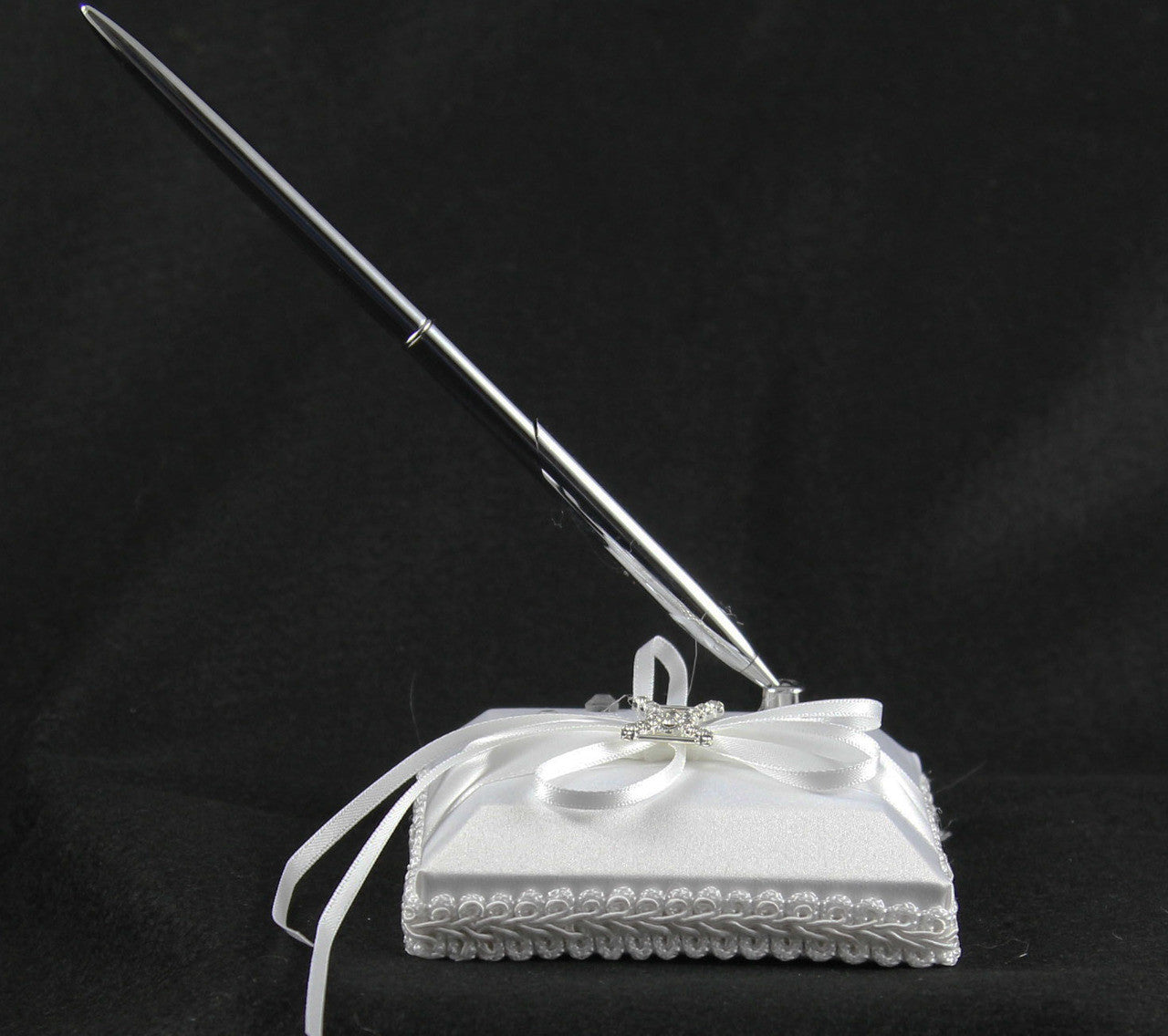 White Wedding Guest Book Register with Silver Pen Matching Stand Set 36 Lined Pages - White Ribbon and V382-WHDIASACHGBPEN