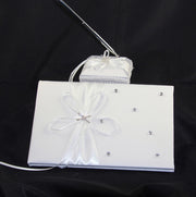 White Wedding Guest Book Register with Silver Pen Matching Stand Set 36 Lined Pages - White Ribbon and V382-WHDIASACHGBPEN