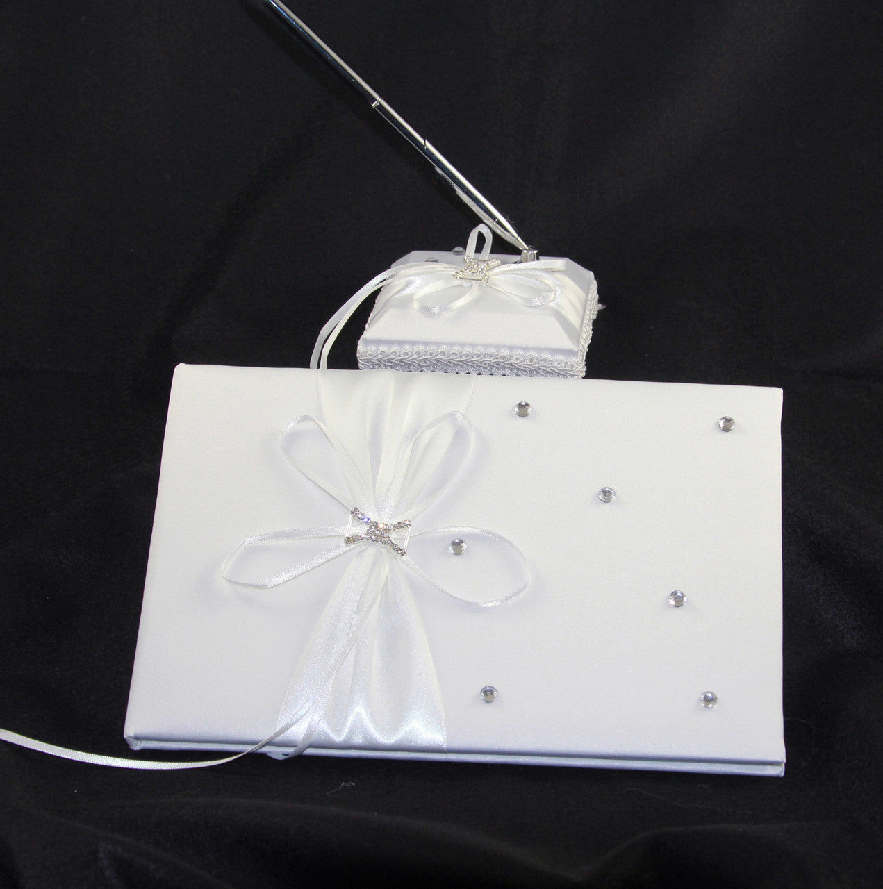 White Wedding Guest Book Register with Silver Pen Matching Stand Set 36 Lined Pages - White Ribbon and V382-WHDIASACHGBPEN
