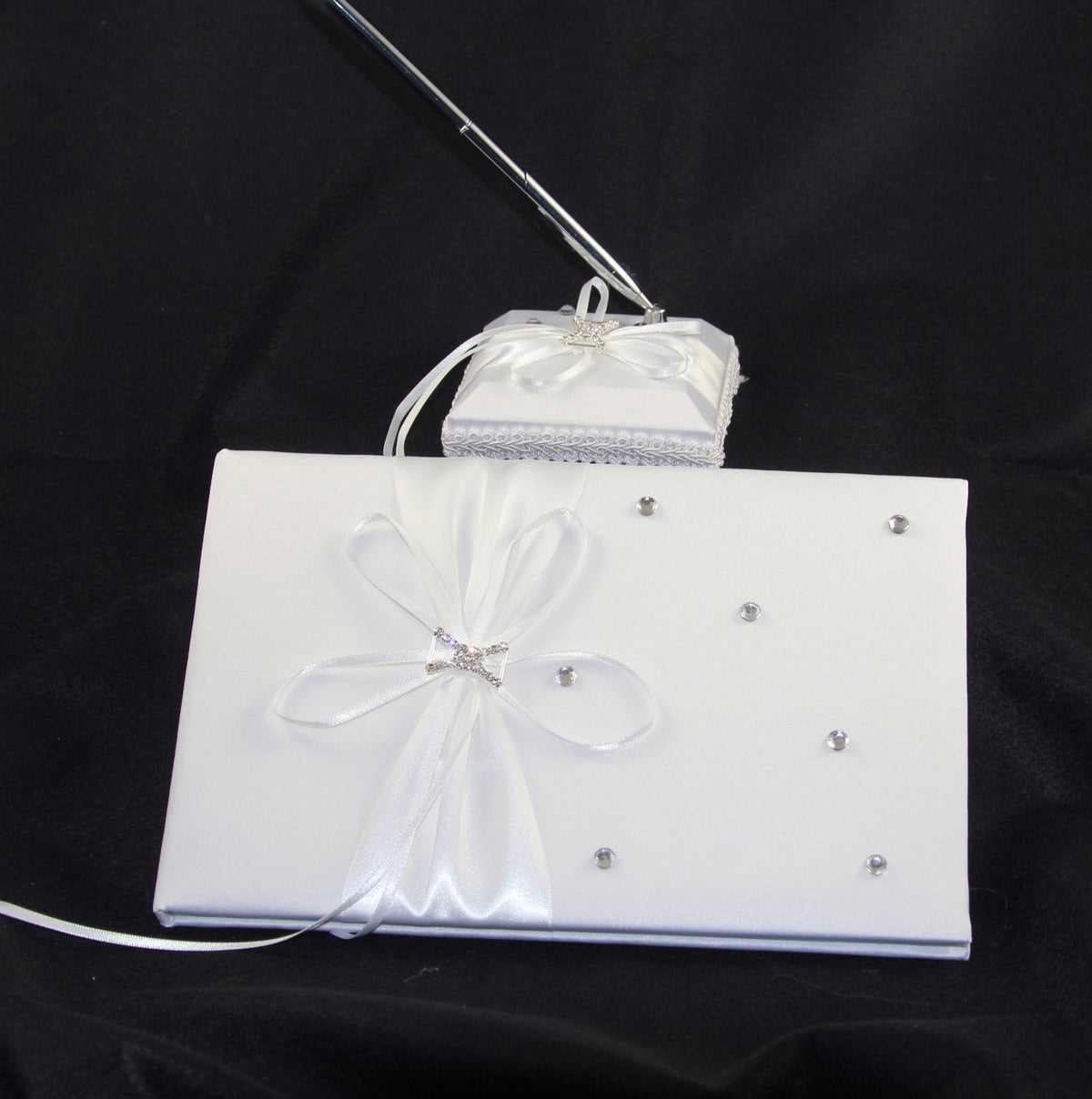 White Wedding Guest Book Register with Silver Pen Matching Stand Set 36 Lined Pages - White Ribbon and V382-WHDIASACHGBPEN