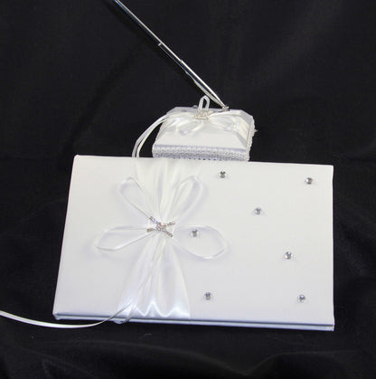 White Wedding Guest Book Register with Silver Pen Matching Stand Set 36 Lined Pages - White Ribbon and V382-WHDIASACHGBPEN