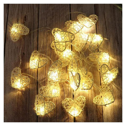 20 White 3D Hollowed Rattan Heart-Shaped 3M String Fairy Lights, Battery (AA) Indoor & Outdoor Decorations V382-WHHRTRATTBATT20