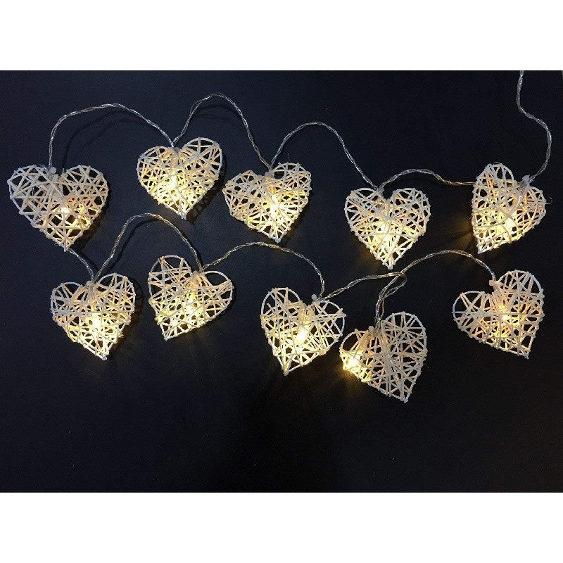 50 White 3D Hollowed Rattan Heart-Shaped 5M LONG String Fairy Lights, Battery (AA) Indoor & Outdoor V382-WHHRTRATTBATT50