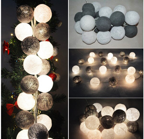 1 Set of 20 LED Black White 5cm Cotton Ball Battery Powered String Lights Xmas Gift Home Wedding Party V382-WHITEBLACKBALLBATT20