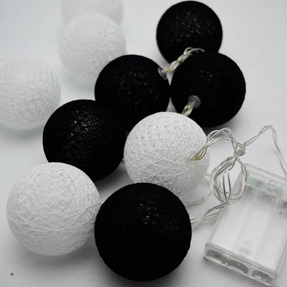1 Set of 20 LED Black White 5cm Cotton Ball Battery Powered String Lights Xmas Gift Home Wedding Party V382-WHITEBLACKBALLBATT20