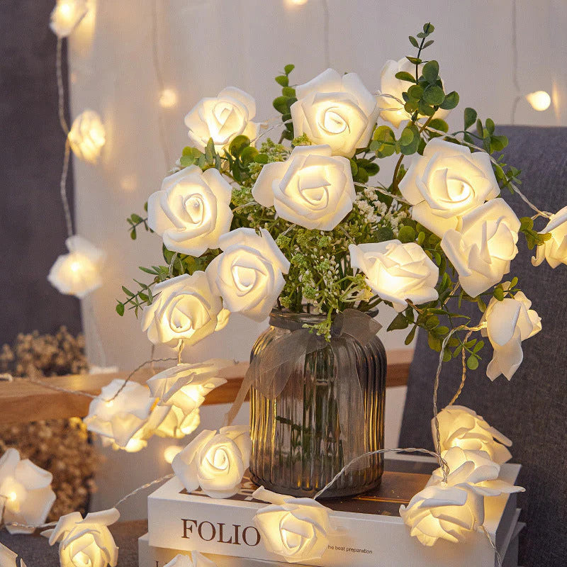 20 White Rose 3D Fairy Lights 3M String, Battery (AA) Indoor & Outdoor Decorations Wedding Valentines V382-WHITEROSEBATT20