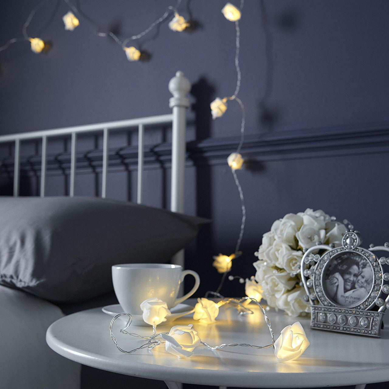 20 White Rose 3D Fairy Lights 3M String, Battery (AA) Indoor & Outdoor Decorations Wedding Valentines V382-WHITEROSEBATT20