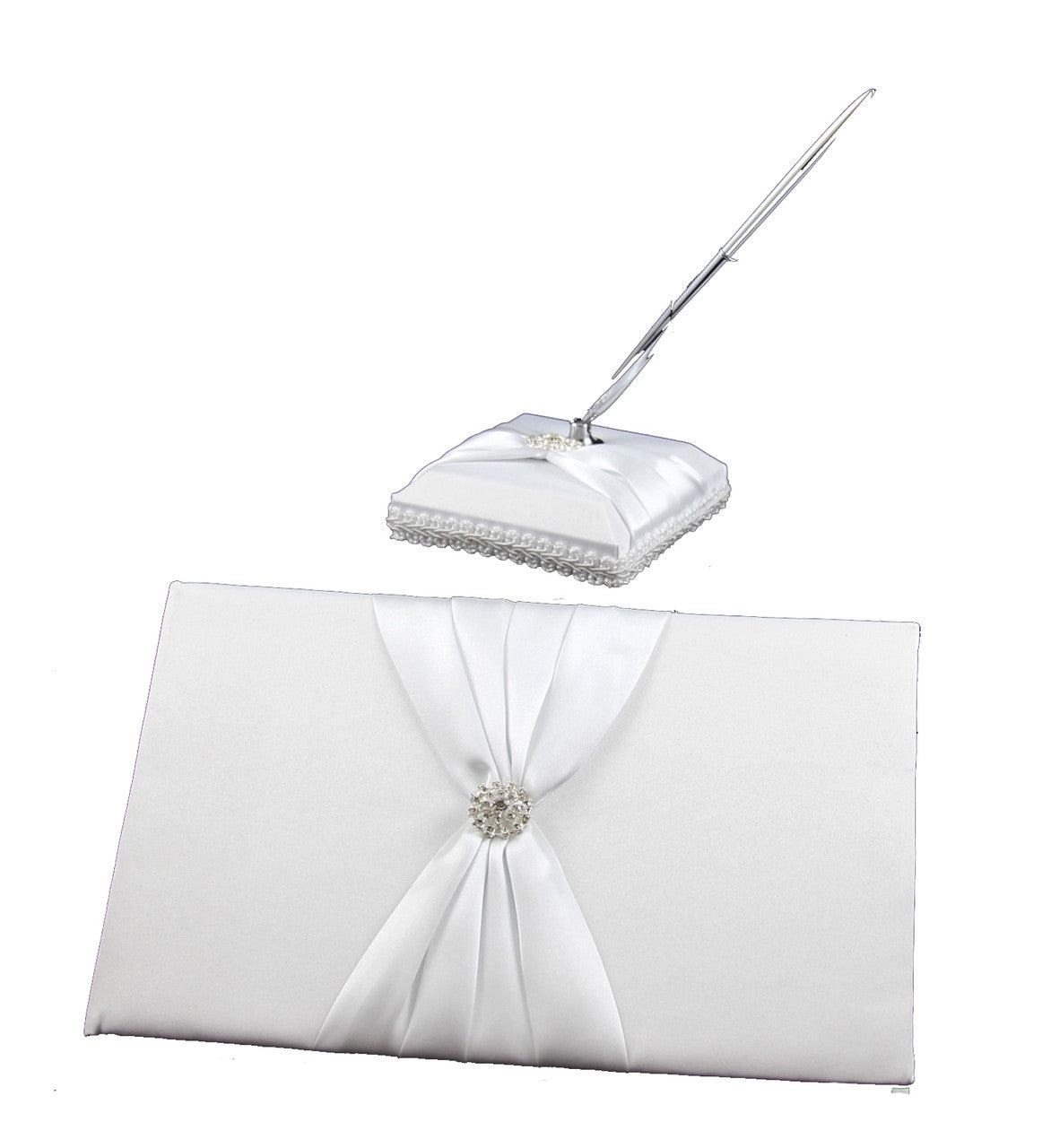White Wedding Guest Book Register with Silver Pen Matching Stand Set 36 Lined Pages - White Sach Diamante V382-WHSACHGBPEN