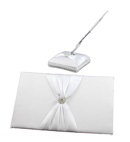 White Wedding Guest Book Register with Silver Pen Matching Stand Set 36 Lined Pages - White Sach Diamante V382-WHSACHGBPEN