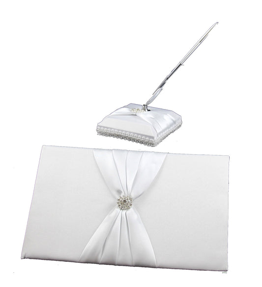 White Wedding Guest Book Register with Silver Pen Matching Stand Set 36 Lined Pages - White Sach Diamante V382-WHSACHGBPEN
