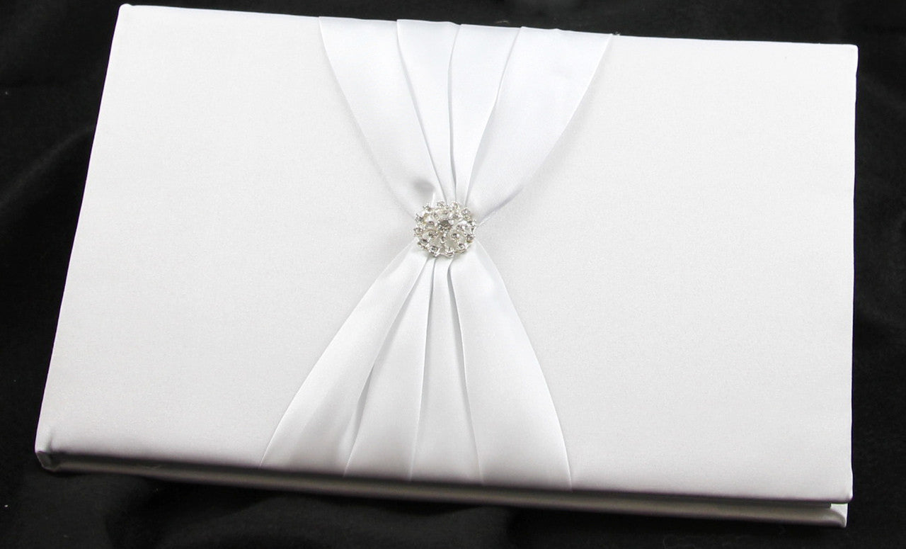 White Wedding Guest Book Register with Silver Pen Matching Stand Set 36 Lined Pages - White Sach Diamante V382-WHSACHGBPEN