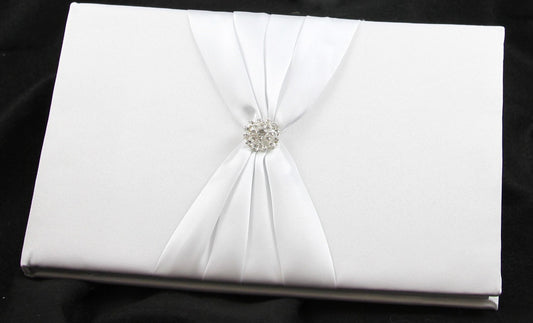 White Wedding Guest Book Register with Silver Pen Matching Stand Set 36 Lined Pages - White Sach Diamante V382-WHSACHGBPEN