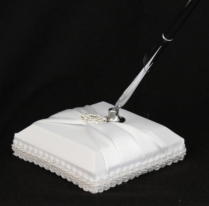 White Wedding Guest Book Register with Silver Pen Matching Stand Set 36 Lined Pages - White Sach Diamante V382-WHSACHGBPEN