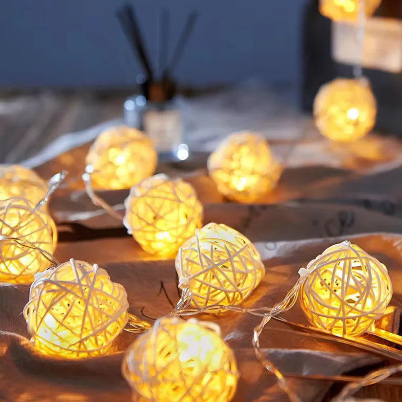1 Set of Yellow 5cm Rattan Cane 20 Ball Battery Power 3m String Lights Christmas Gift Home Wedding Party V382-YELLOWRATTBALLBATT20