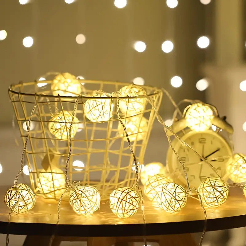 1 Set of Yellow 5cm Rattan Cane 20 Ball Battery Power 3m String Lights Christmas Gift Home Wedding Party V382-YELLOWRATTBALLBATT20