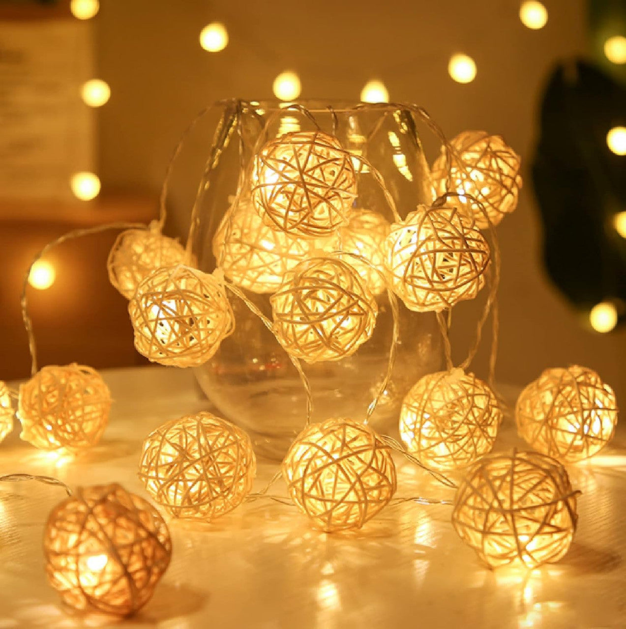 1 Set of Yellow 5cm Rattan Cane 20 Ball Battery Power 3m String Lights Christmas Gift Home Wedding Party V382-YELLOWRATTBALLBATT20