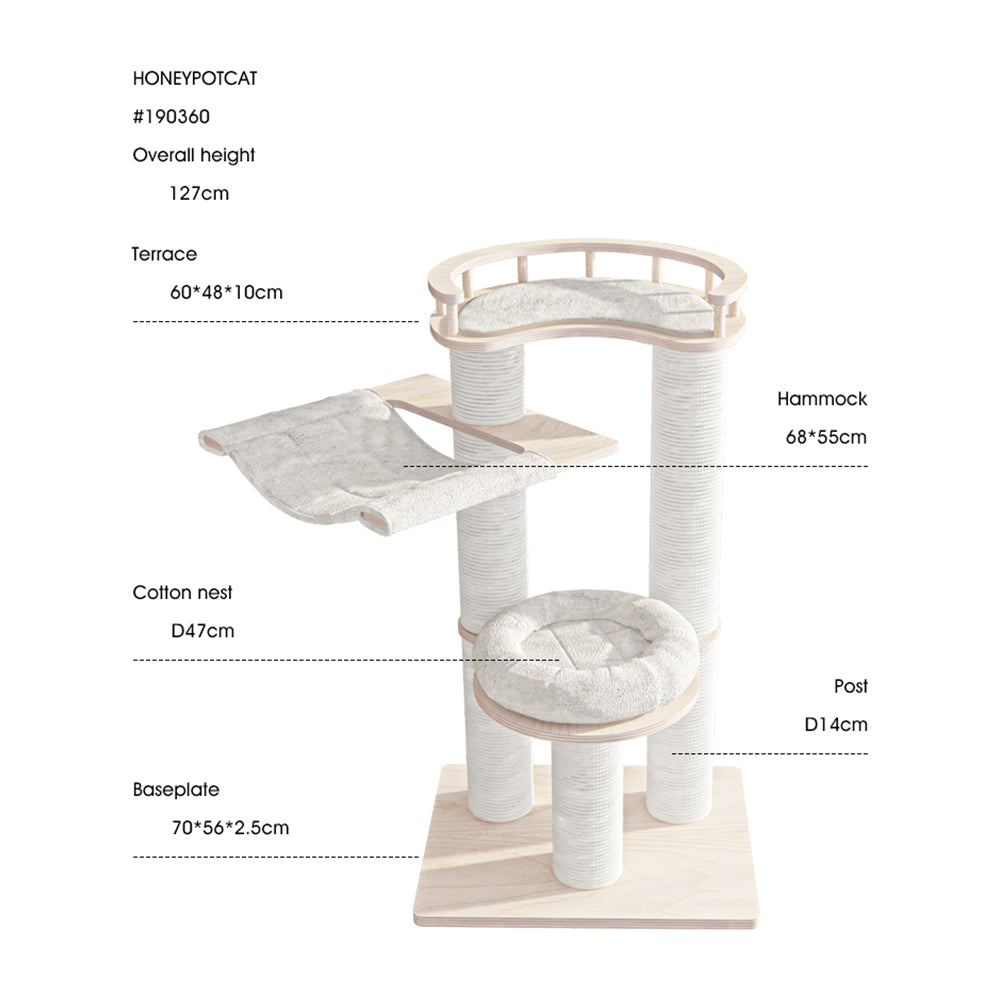 HONEYPOTCAT Leisure Loft With Hammock & Scratch Post - White Velvet - 127cm V390-190360