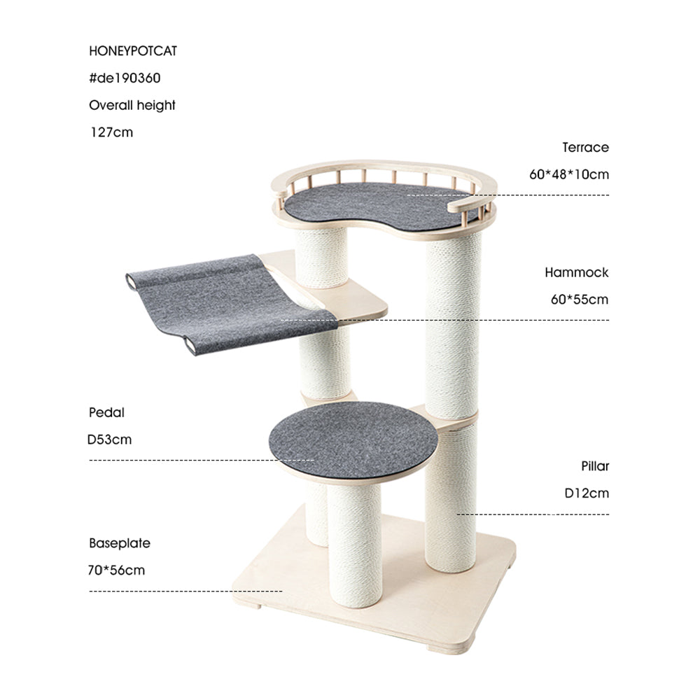 HONEYPOTCAT Leisure Loft With Hammock & Scratch Post - Gray Felt - 127cm V390-DE190360