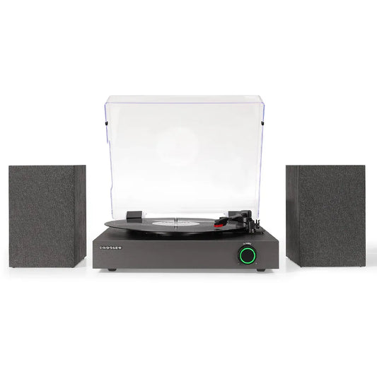 Crosley Zane 3-Speed Bluetooth Vinyl Record Player Turntable, with Matching Stereo Speakers - Black V398-CR7503A-BK4