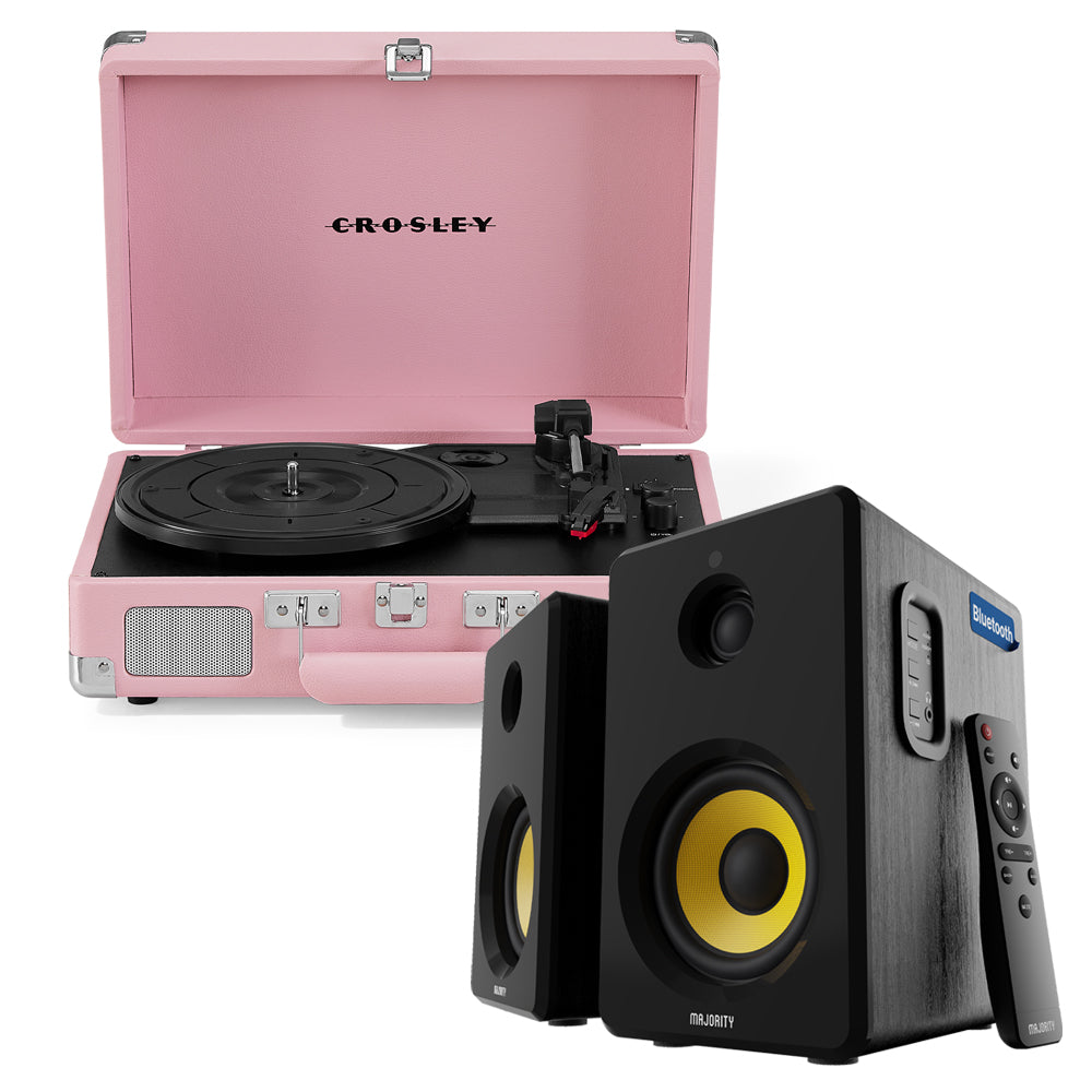 Crosley Cruiser Bluetooth Portable Turntable - Blush Pink + Bundled Majority D40X Bluetooth Speakers V398-CR8005EMY-BH4