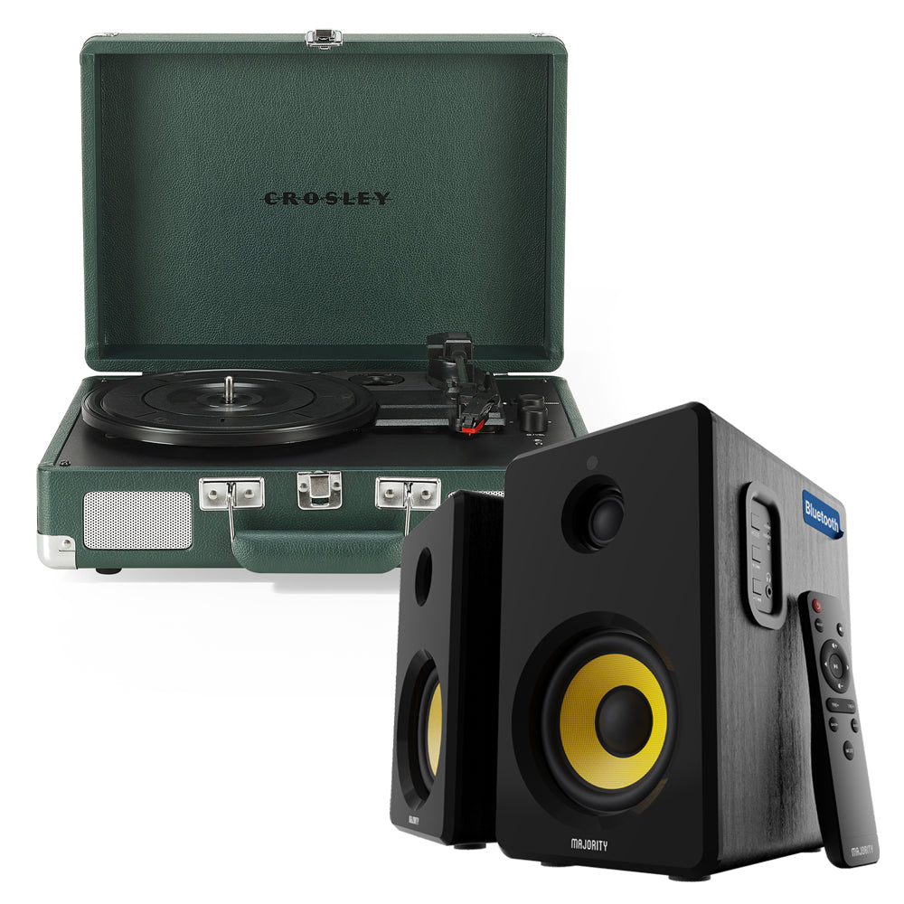 Crosley Cruiser Bluetooth Portable Turntable - Emerald Green + Bundled Majority D40X Bluetooth Speakers V398-CR8005FMY-EM4