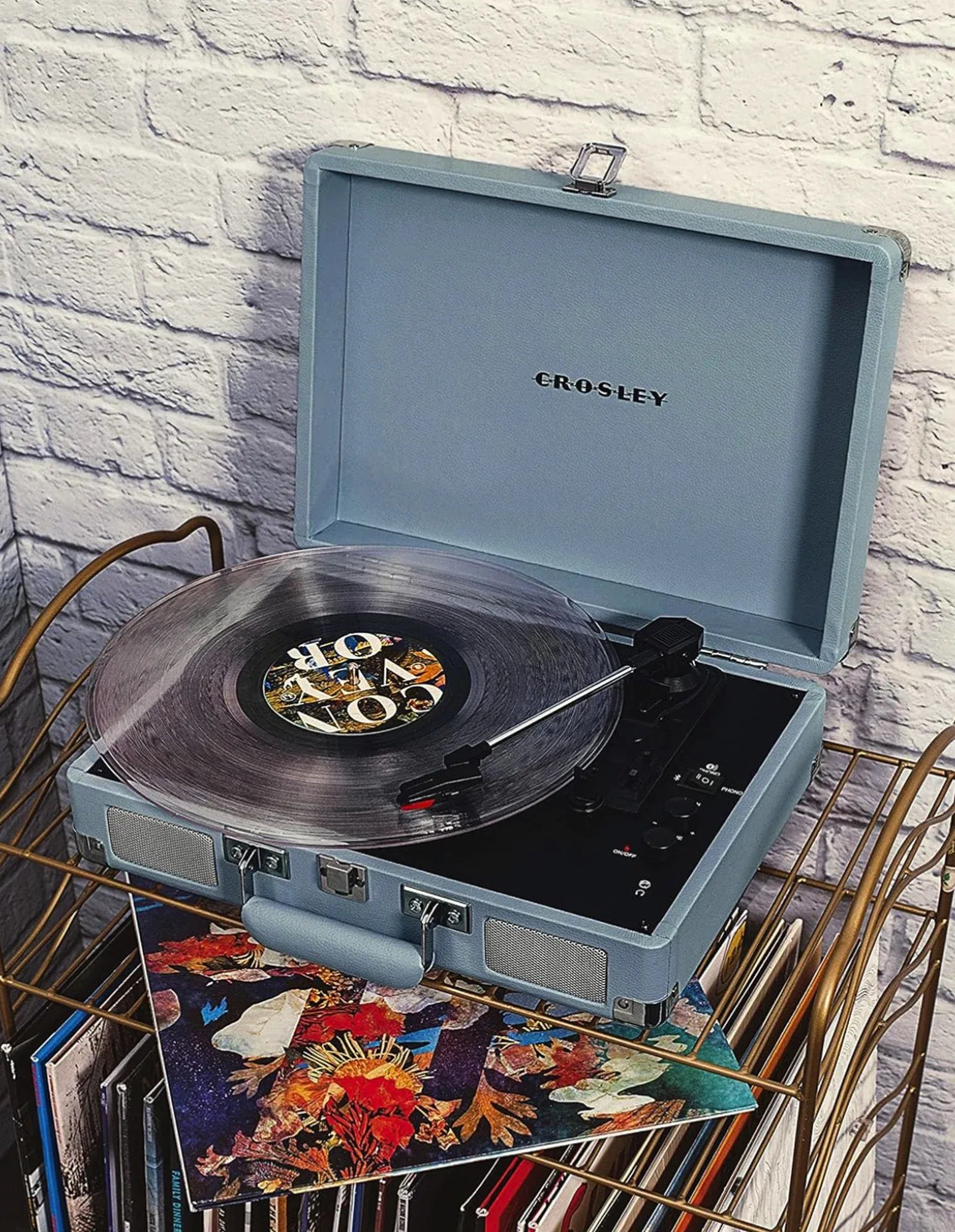 Crosley Cruiser Bluetooth Portable Turntable - Turquoise + Gadhouse Vinyl Rack Bundle - Black