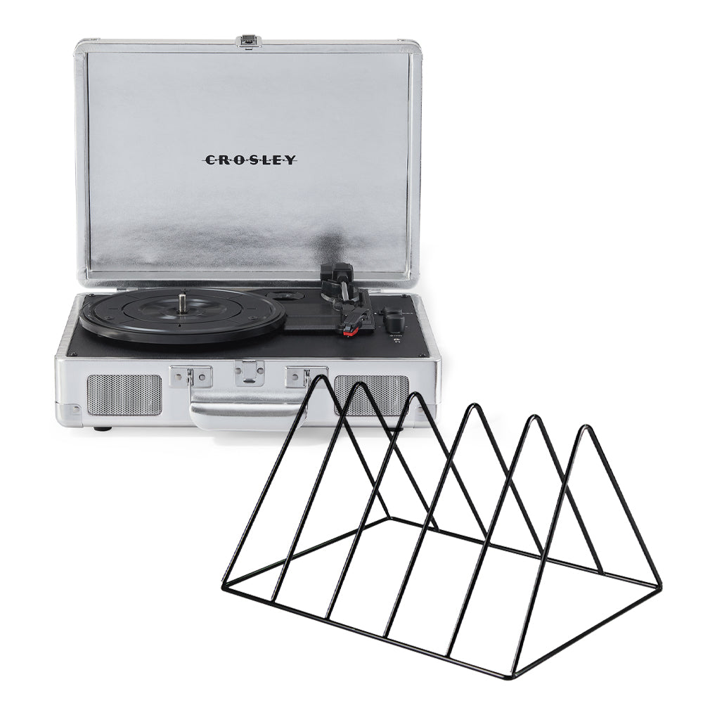 Crosley Cruiser Bluetooth Portable Turntable - Silver + Gadhouse Vinyl Rack Bundle - Black V398-CR8005FVRSI4