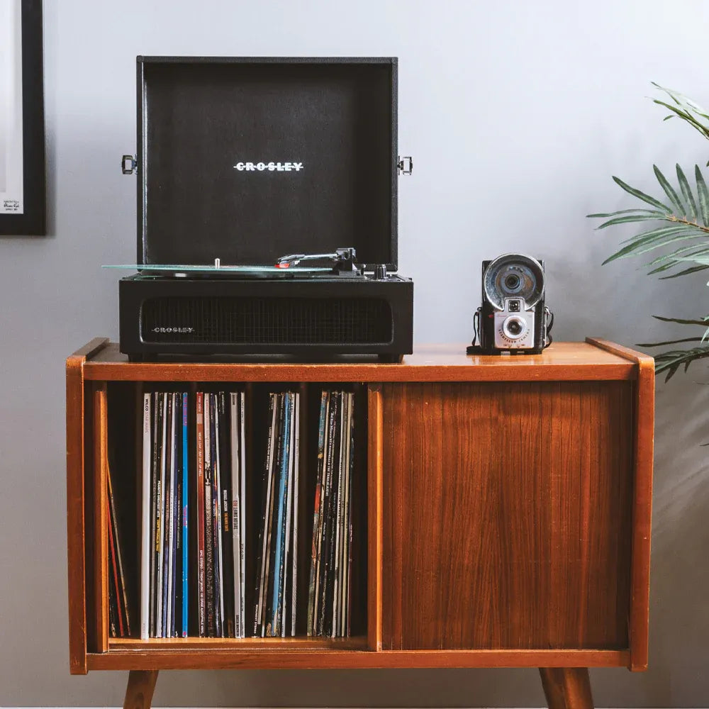 Crosley Voyager Bluetooth Portable Turntable + Crosley Asheville Stand Bundle - Black V398-CR8017BMS-BK4