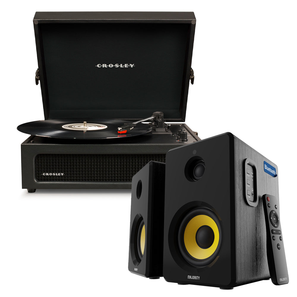Crosley Voyager Bluetooth Portable Turntable - Black + Bundled Majority D40X Bluetooth Speakers - Black V398-CR8017BMY-BK4