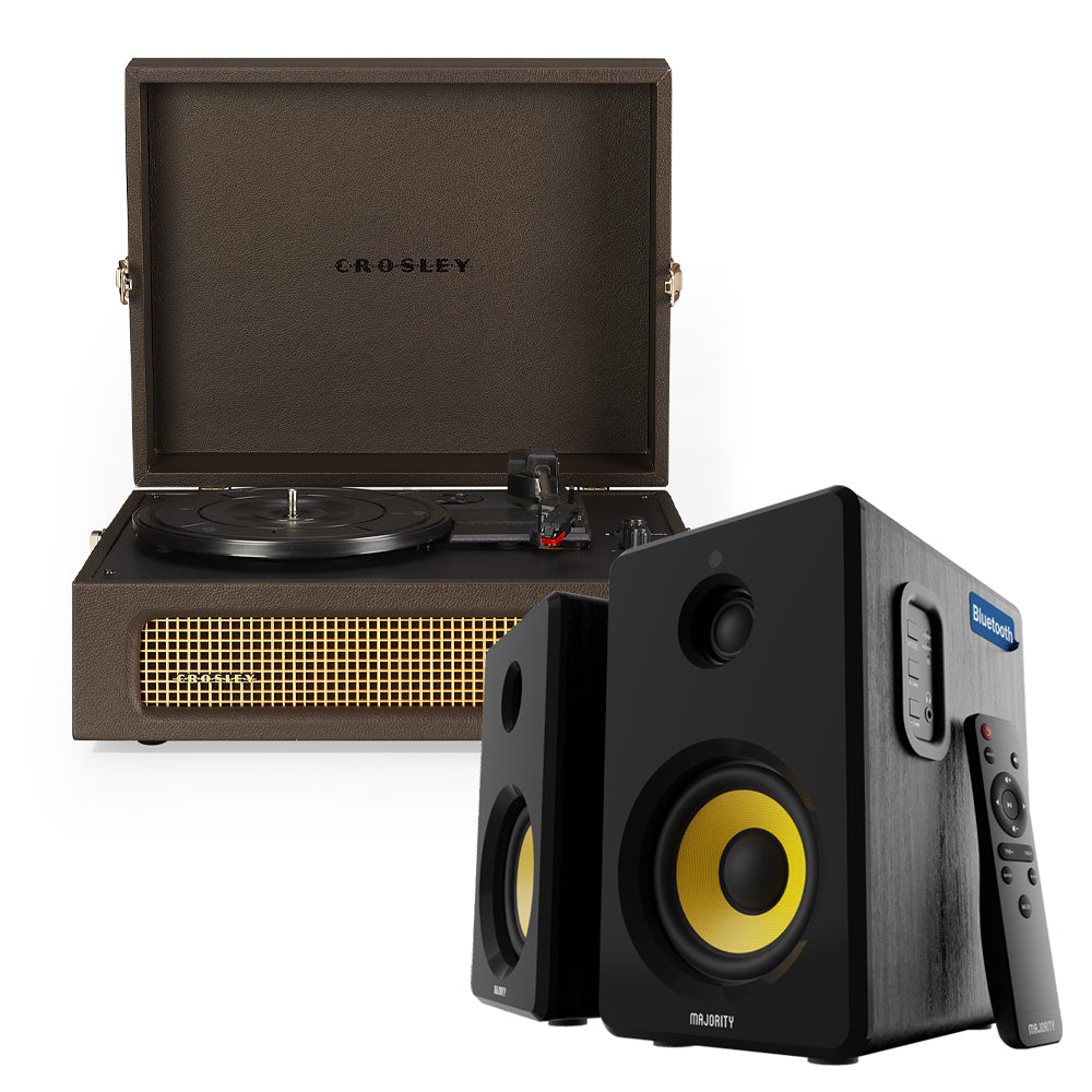 Crosley Voyager Bluetooth Portable Turntable - Cocoa + Bundled Majority D40X Bluetooth Speakers - Black V398-CR8017BMY-CO4