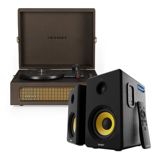 Crosley Voyager Bluetooth Portable Turntable - Cocoa + Bundled Majority D40X Bluetooth Speakers - Black V398-CR8017BMY-CO4
