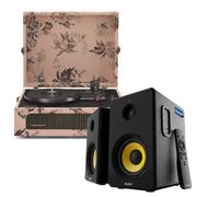 Crosley Voyager Bluetooth Portable Turntable - Floral + Bundled Majority D40X Bluetooth Speakers - Black V398-CR8017BMY-FL4