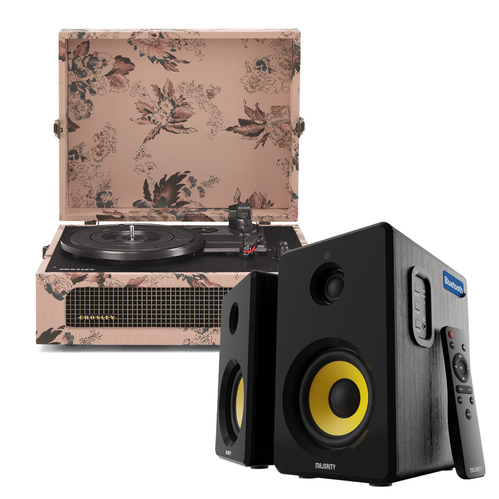 Crosley Voyager Bluetooth Portable Turntable - Floral + Bundled Majority D40X Bluetooth Speakers - Black V398-CR8017BMY-FL4