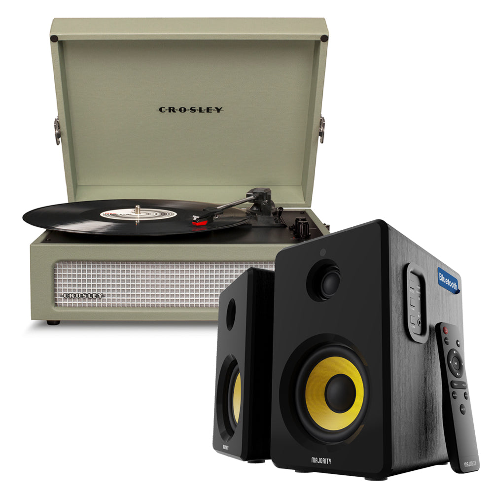 Crosley Voyager Bluetooth Portable Turntable - Sage + Bundled Majority D40X Bluetooth Speakers - Black V398-CR8017BMY-SA4