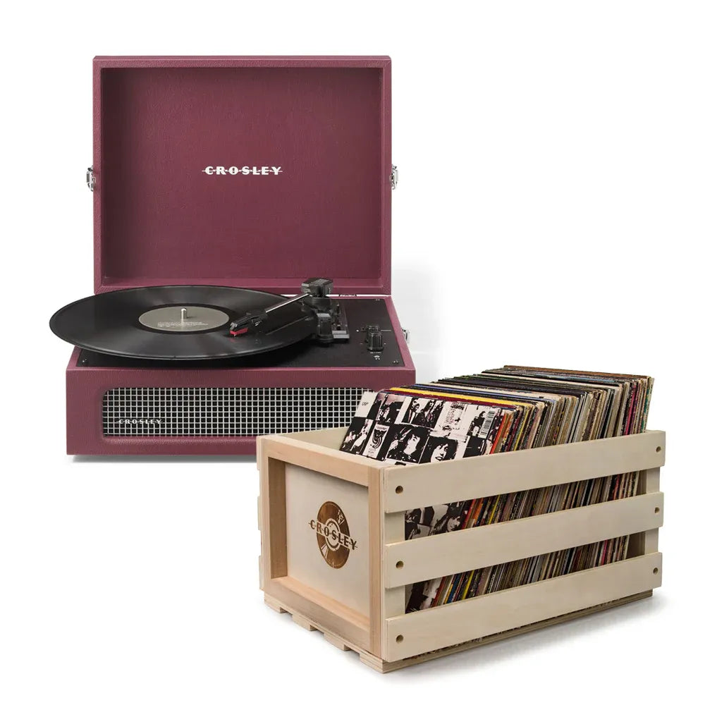 Crosley Voyager Bluetooth Portable Turntable + Bundled Record Storage Crate - Burgundy V398-CR8017BSC-BU4