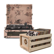 Crosley Voyager Bluetooth Portable Turntable - Floral + Bundled Record Storage Crate V398-CR8017BSC-FL4