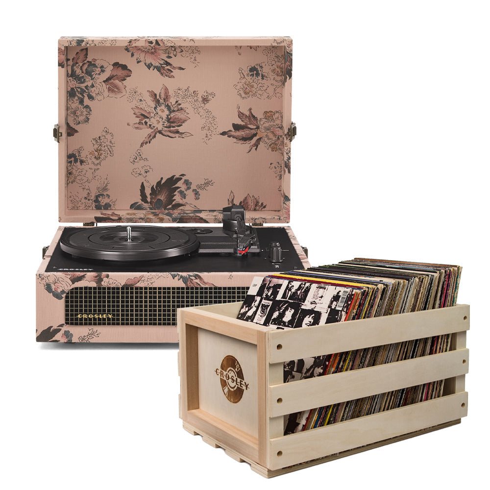 Crosley Voyager Bluetooth Portable Turntable - Floral + Bundled Record Storage Crate V398-CR8017BSC-FL4