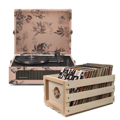 Crosley Voyager Bluetooth Portable Turntable - Floral + Bundled Record Storage Crate V398-CR8017BSC-FL4