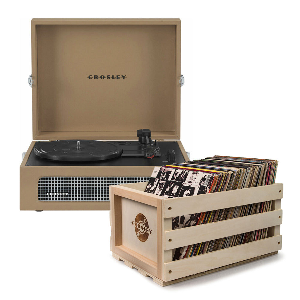 Crosley Voyager Bluetooth Portable Turntable + Bundled Record Storage Crate - Tan V398-CR8017BSC-TA4