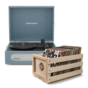 Crosley Voyager Bluetooth Portable Turntable + Bundled Record Storage Crate - Washed Blue V398-CR8017BSC-WB4
