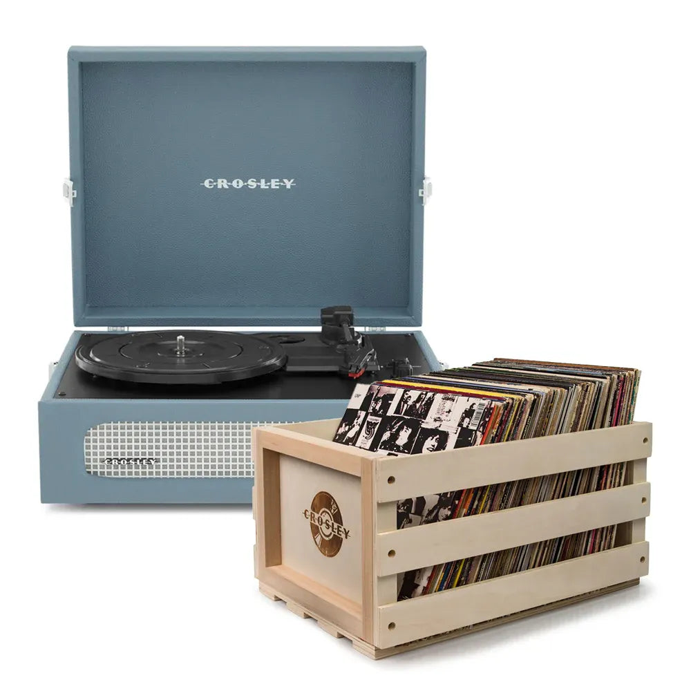 Crosley Voyager Bluetooth Portable Turntable + Bundled Record Storage Crate - Washed Blue V398-CR8017BSC-WB4