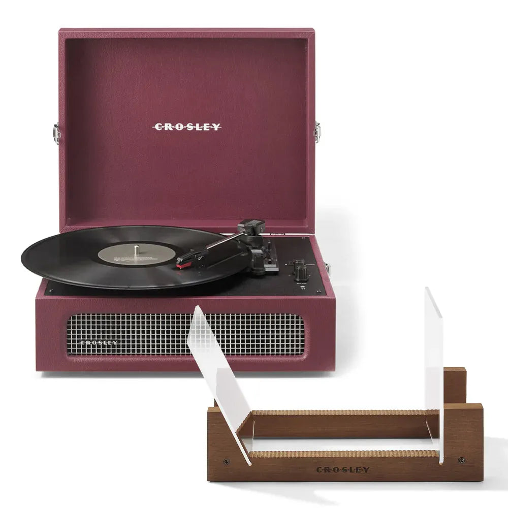 Crosley Voyager Bluetooth Portable Turntable + Bundled Crosley Record Storage Display Stand - Burgundy V398-CR8017BSS-BU4