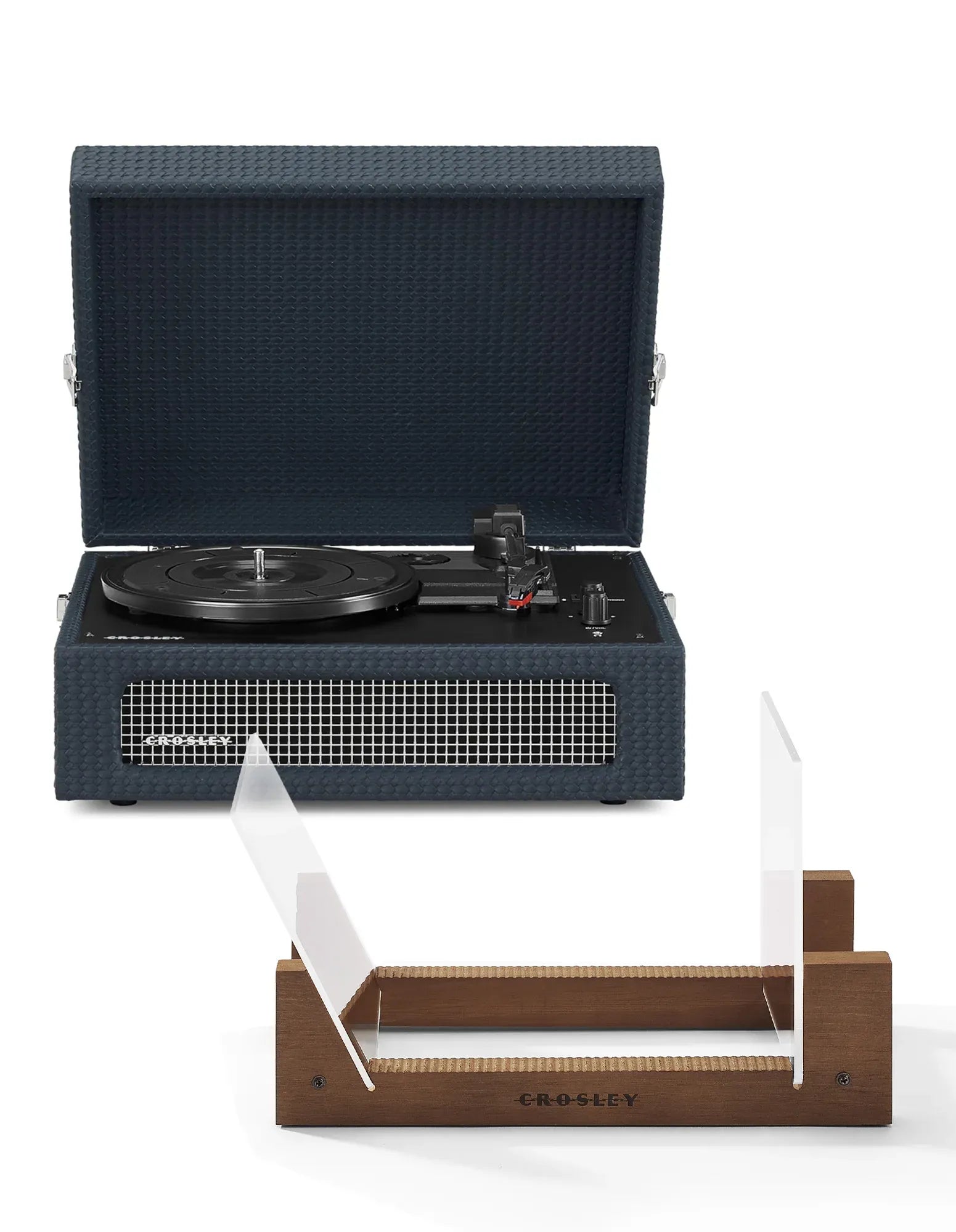 Crosley Voyager Bluetooth Portable Turntable + Bundled Crosley Record Storage Display Stand - Navy V398-CR8017BSS-NY4