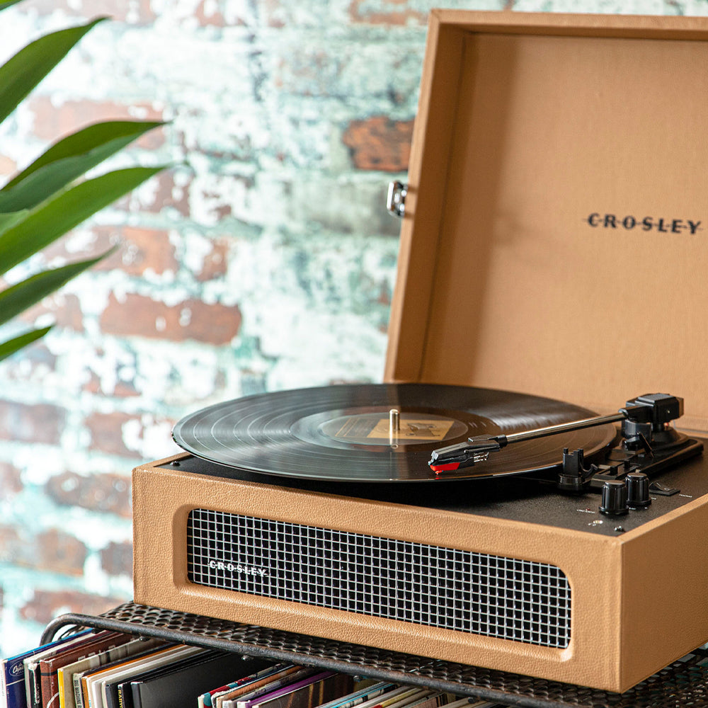 Crosley Voyager Bluetooth Portable Turntable + Bundled Crosley Record Storage Display Stand - Tan V398-CR8017BSS-TA4