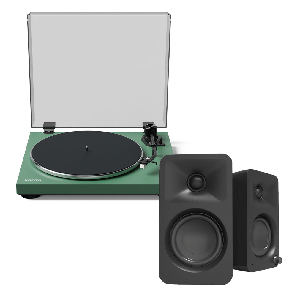Kanto OBI3 Turntable - Matte Green with Kanto ORA 100W Powered Speakers - Black Bundle V398-KO-OBI3VMN-B