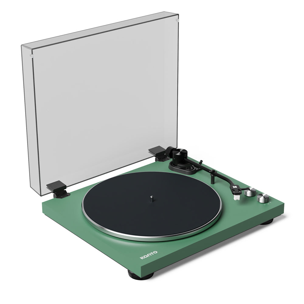 Kanto OBI3 Turntable - Matte Green with Kanto ORA 100W Powered Speakers - Black Bundle V398-KO-OBI3VMN-B