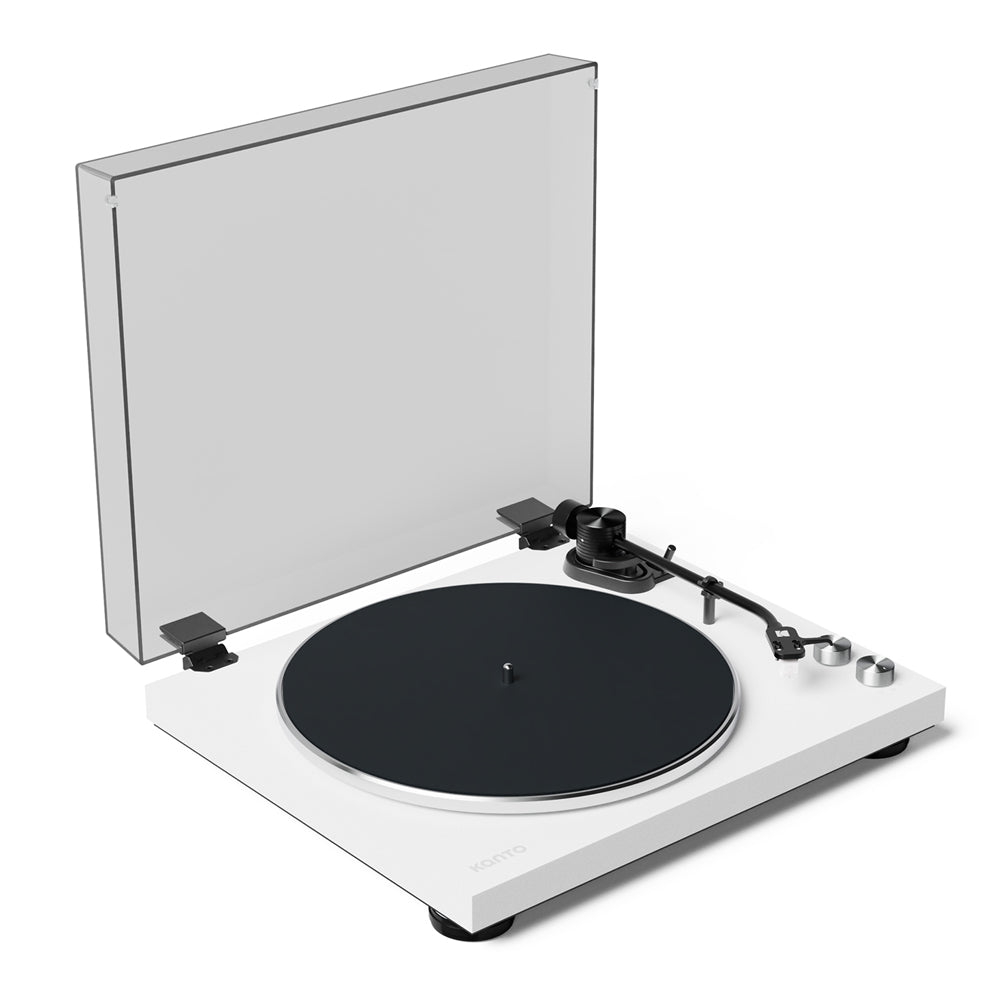 Kanto OBI3 Turntable - Matte White with Kanto ORA 100W Powered Speakers - White Bundle V398-KO-OBI3VMW-B