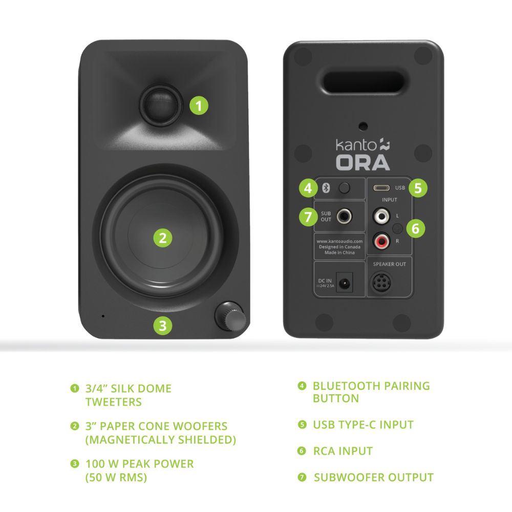 Kanto ORA 100W Powered Reference Desktop Computer Speakers with Bluetooth 5.0 Black V398-KO-ORA-1